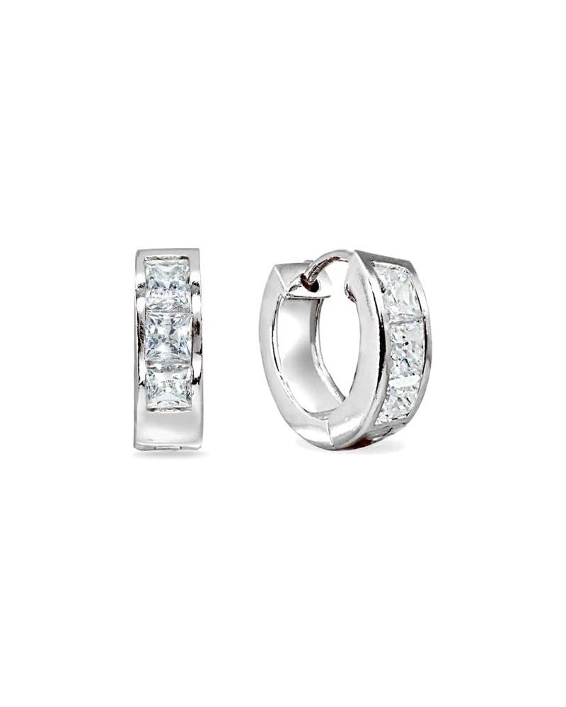 Sterling Silver 15mm Princess-Cut Channel Small CZ Huggie Hoop Earrings, Made with AA Cubic Zirconia Oval-Silver-5x15mm $19.2...