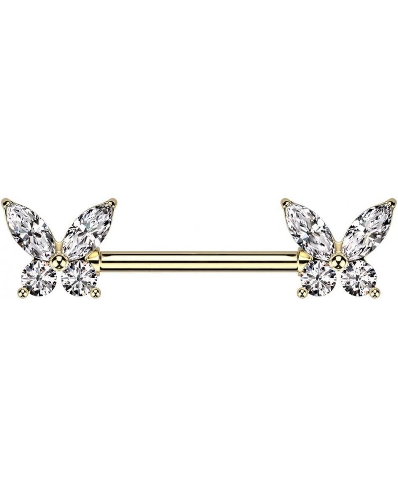 Surgical Steel Nipple Barbell With CZ Butterfly Ends Gold $9.24 Body Jewelry