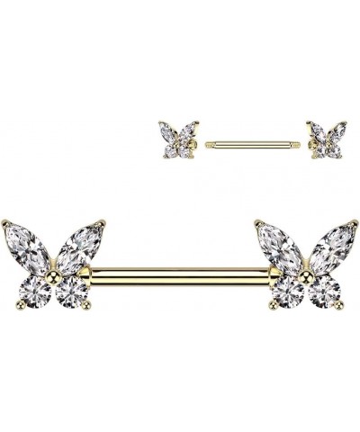 Surgical Steel Nipple Barbell With CZ Butterfly Ends Gold $9.24 Body Jewelry