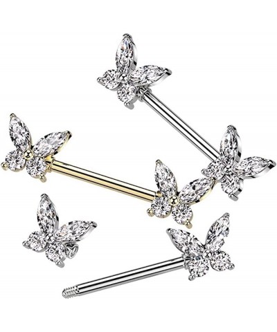 Surgical Steel Nipple Barbell With CZ Butterfly Ends Gold $9.24 Body Jewelry