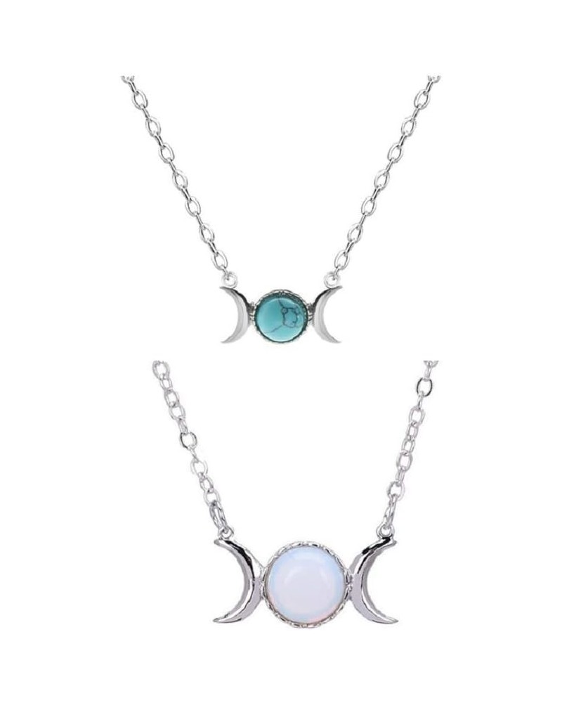 Triple Goddess Moon Symbol Pendant Necklace Opal Healing Crystal Natural Stone Sailor Moon Pendant for Women opal & Green $4....