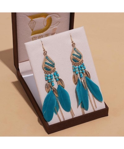 Boho Colorful Feather Dangle Earrings Handmade with Rope Beads Tassel Fashion Earrings for Women Girls Tassel Blue $6.26 Earr...