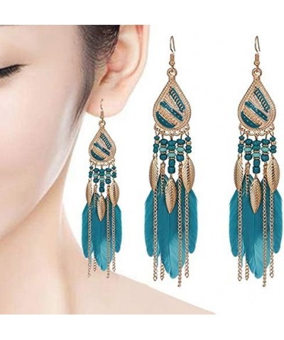 Boho Colorful Feather Dangle Earrings Handmade with Rope Beads Tassel Fashion Earrings for Women Girls Tassel Blue $6.26 Earr...