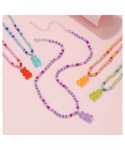 Y2k Colorful Beads Gummy Bear Pendant Necklace Bracelet Resin Bear Choker Necklace Beaded Strech Bracelet Jewelry Set for Wom...