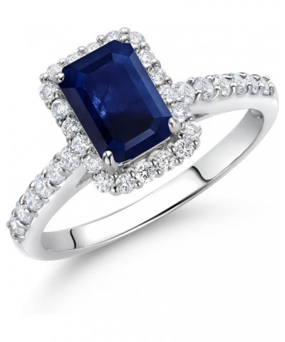 10K White Gold Blue Sapphire and White Lab Grown Diamond Halo Engagement Wedding Ring For Women (1.90 Cttw, Emerald Cut 7X5MM...