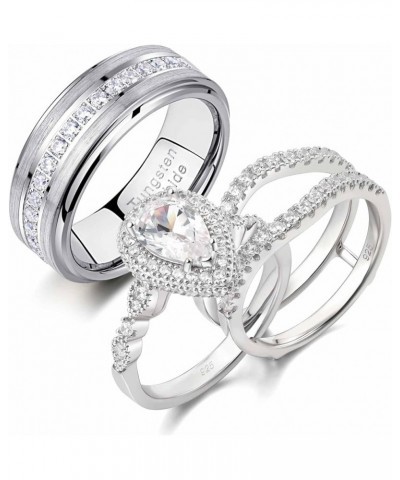 Wedding Ring Sets for Him and Her AAAAA Cz Promise Rings for Couples Women Mens Band Pear Shape Size 5-13 Men's Size 8 & Wome...