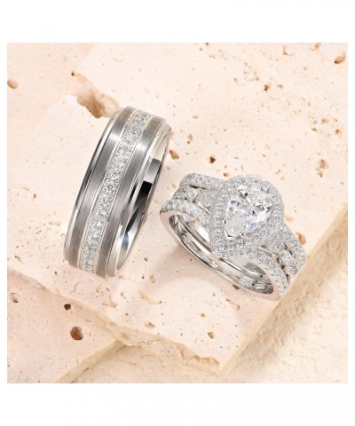 Wedding Ring Sets for Him and Her AAAAA Cz Promise Rings for Couples Women Mens Band Pear Shape Size 5-13 Men's Size 8 & Wome...