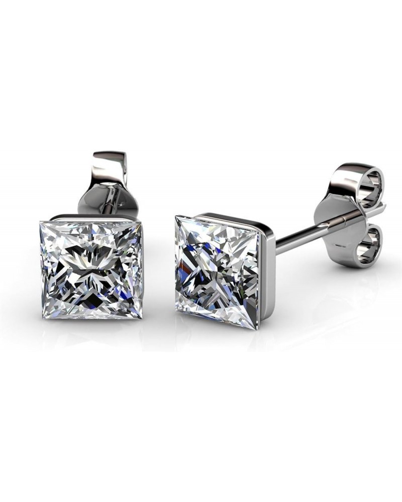 Crystal Radiant White Gold Stud Earrings, 18k Gold Plated Studs with Crystals, Stud Earring Set with Princess Cut Solitaire C...