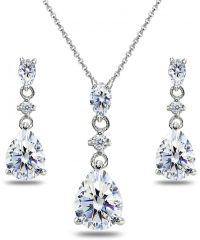 Sterling Silver Pear-Cut Teardrop Dangling Stud Earrings & Necklace Set Made with AAA Cubic Zirconia Sterling Silver $29.67 J...