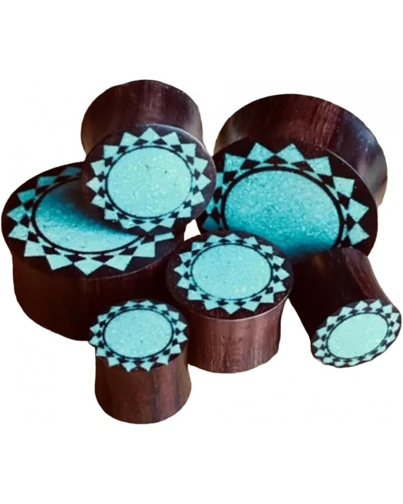 PAIR of Crushed Turquoise Tribal Sunburst Inlaid Wood Saddle Plugs - Gauges 00g - 1 0000g (12mm) $11.23 Body Jewelry