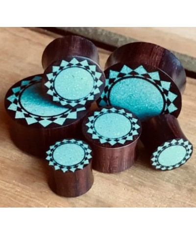 PAIR of Crushed Turquoise Tribal Sunburst Inlaid Wood Saddle Plugs - Gauges 00g - 1 0000g (12mm) $11.23 Body Jewelry