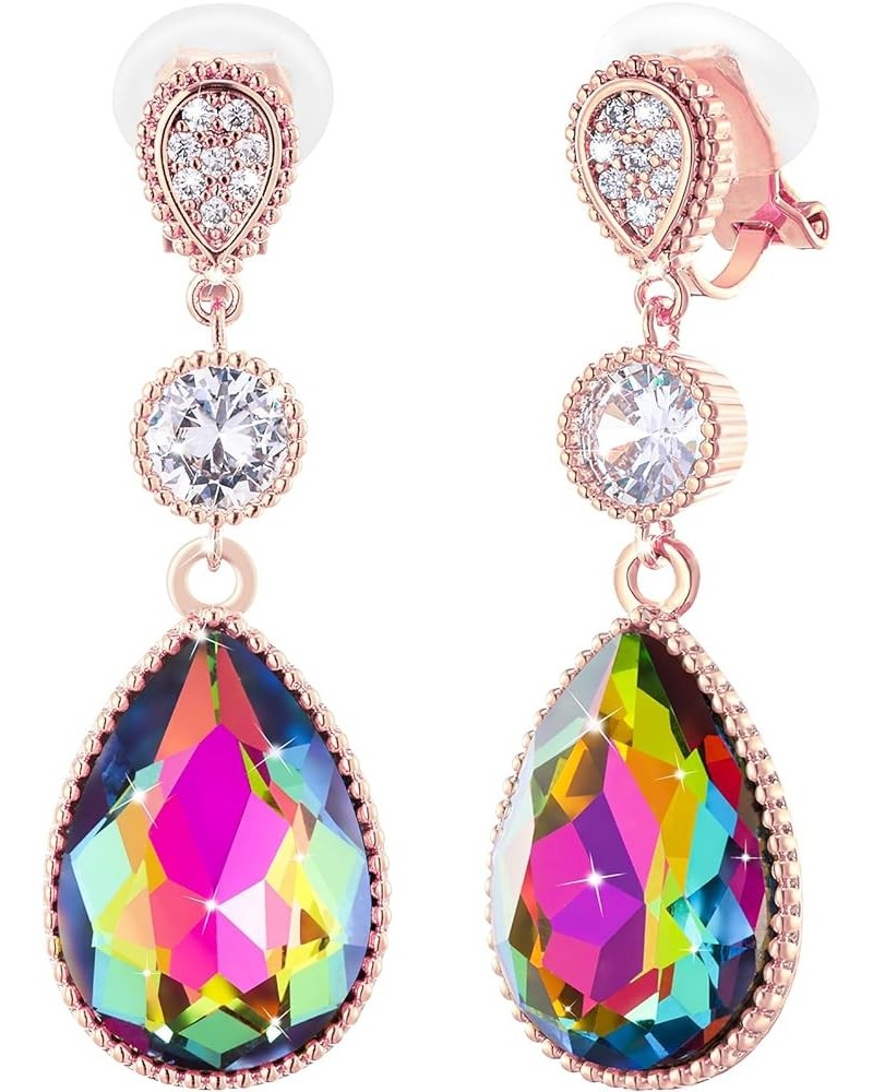 Clip On 18 * 13MM Big Crystal Dangle Non Pierced Earrings for Women Costume Jewelry Rainbow-Rose Gold $9.82 Earrings