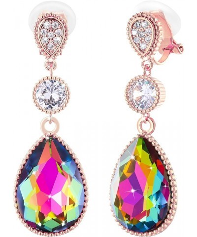 Clip On 18 * 13MM Big Crystal Dangle Non Pierced Earrings for Women Costume Jewelry Rainbow-Rose Gold $9.82 Earrings