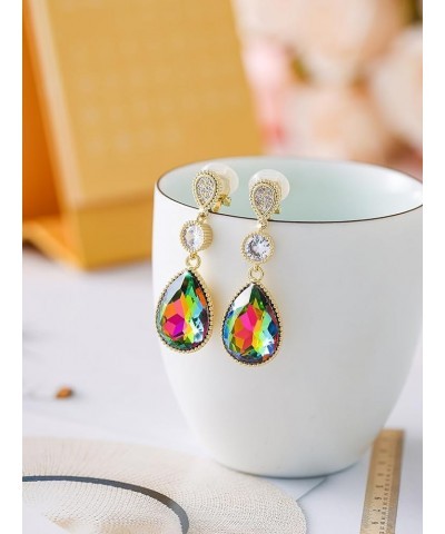 Clip On 18 * 13MM Big Crystal Dangle Non Pierced Earrings for Women Costume Jewelry Rainbow-Rose Gold $9.82 Earrings