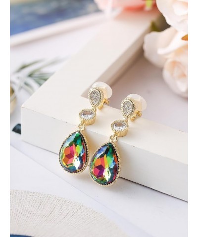 Clip On 18 * 13MM Big Crystal Dangle Non Pierced Earrings for Women Costume Jewelry Rainbow-Rose Gold $9.82 Earrings