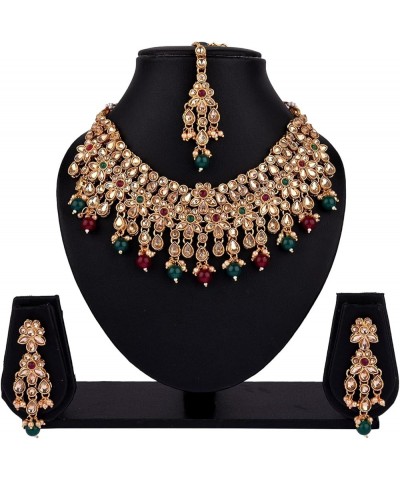 Indian Jewelry Sets for Women Bollywood Jewelry Indian Bollywood Kundan Crystal Pearl Wedding Choker Necklace Earrings Maanti...