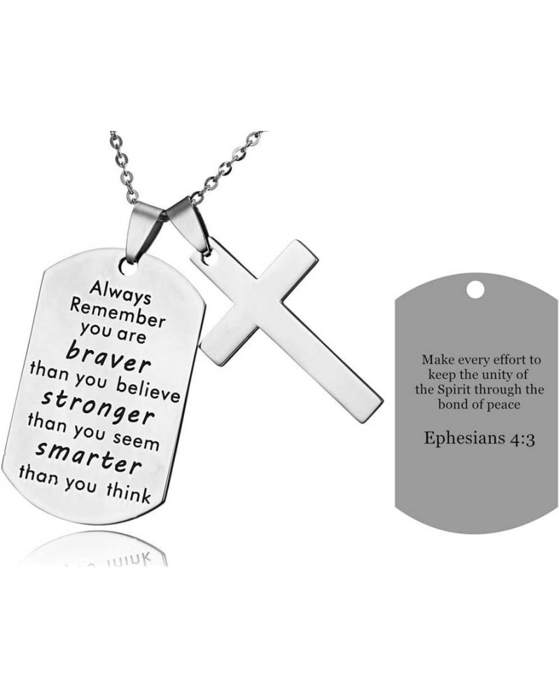 LF Stainless Steel Name Quote Personalized Braver Stronger Smarter Engraved Dog Tag Pendant Christian Cross Sentimental Inspi...