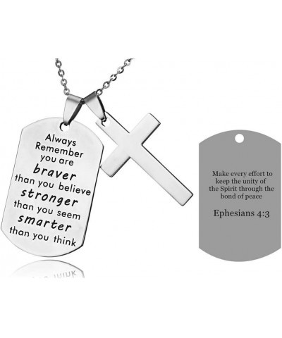 LF Stainless Steel Name Quote Personalized Braver Stronger Smarter Engraved Dog Tag Pendant Christian Cross Sentimental Inspi...