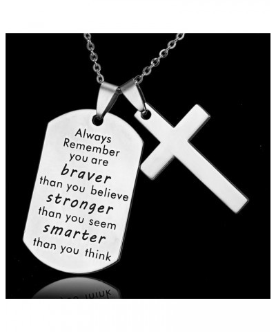 LF Stainless Steel Name Quote Personalized Braver Stronger Smarter Engraved Dog Tag Pendant Christian Cross Sentimental Inspi...