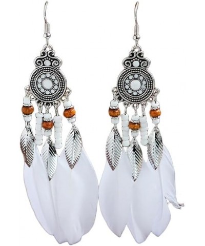 Boho Colorful Feather Dangle Earrings Handmade with Rope Beads Tassel Fashion Earrings for Women Girls Tassel White $6.26 Ear...