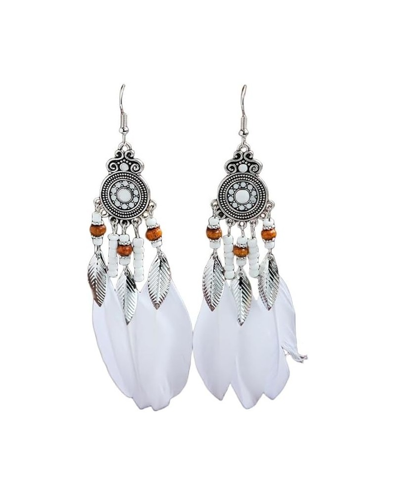 Boho Colorful Feather Dangle Earrings Handmade with Rope Beads Tassel Fashion Earrings for Women Girls Tassel White $6.26 Ear...