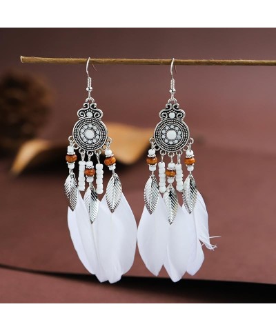 Boho Colorful Feather Dangle Earrings Handmade with Rope Beads Tassel Fashion Earrings for Women Girls Tassel White $6.26 Ear...