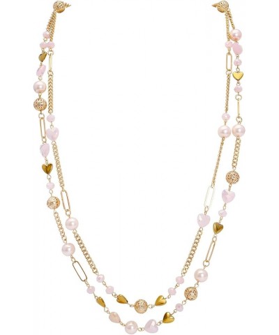 Beaded Necklace, 2 Layer Long Link Chain Necklace Crystal Beads for Women, Choker Jewelry Gift Soft Pink $13.76 Necklaces