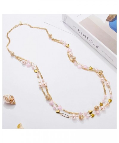 Beaded Necklace, 2 Layer Long Link Chain Necklace Crystal Beads for Women, Choker Jewelry Gift Soft Pink $13.76 Necklaces