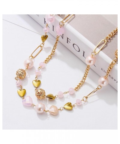 Beaded Necklace, 2 Layer Long Link Chain Necklace Crystal Beads for Women, Choker Jewelry Gift Soft Pink $13.76 Necklaces