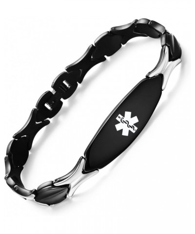 Fashion Shiny medical alert bracelet with Free Engraving Stainless steel Medical id bracelet for Women Black 8.5 Inches $17.1...