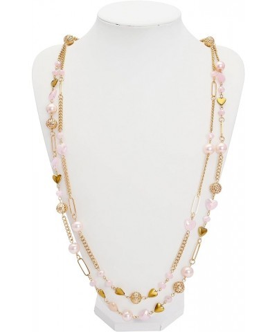 Beaded Necklace, 2 Layer Long Link Chain Necklace Crystal Beads for Women, Choker Jewelry Gift Soft Pink $13.76 Necklaces