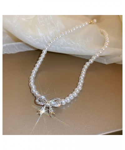 Sparkly Rhinestone Choker Necklace Cute Silver Bow Pendant Necklace Boho Pearl Necklace 3 Row Tennis Necklace Fashion Party P...