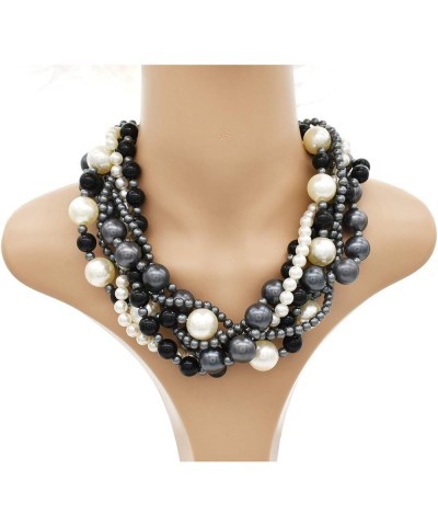 Multi Strand Crystal Rhinestone Pearl Statement Necklace for Women Choker Bib Collar Beaded Necklace Costume Jewelry Set Blac...