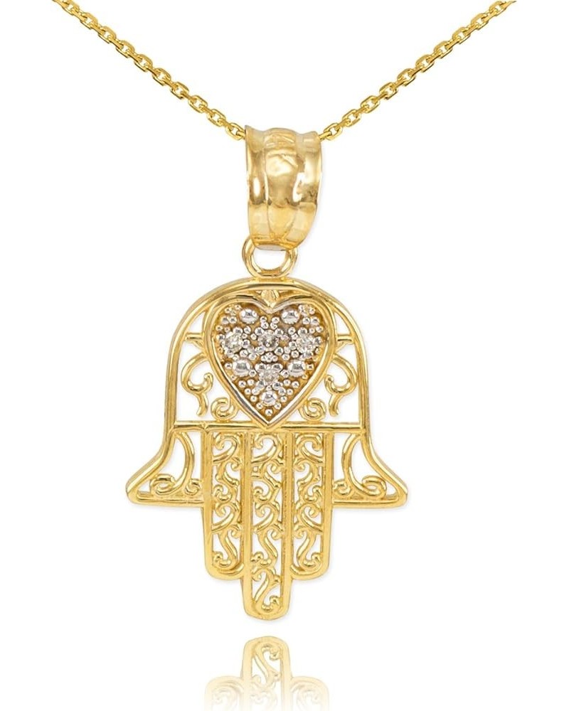 14K Yellow, White, or Rose Gold Diamond-Accented Heart Filigree-Style Hamsa Pendant Necklace (G-H Color, SI1-SI2 Clarity) - C...