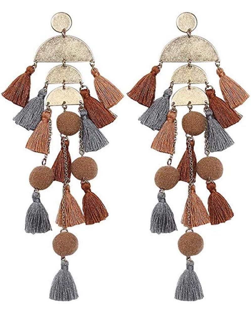 Long Tassel Earrings Statement Bohemian Pom Ball Handmade Drop Dangle Earrings for Women Girls A-Long Tassel-Coffee $7.64 Ear...