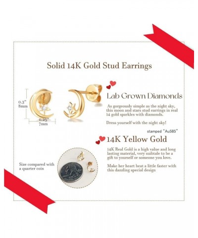 Solid 14K Real Yellow Gold 0.016ct Lab Grown Diamonds Moon Star Stud Earrings Small Dainty Fine Jewelry for Women 0.88g moon ...