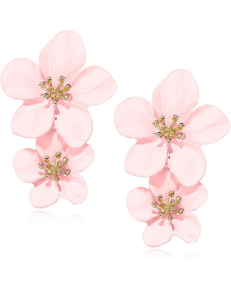 Double Flower Earrings for Women Flower Statement Earrings 3D Large Flower Dangle Earrings Elegant Flower Jewelry Gift I:Pink...