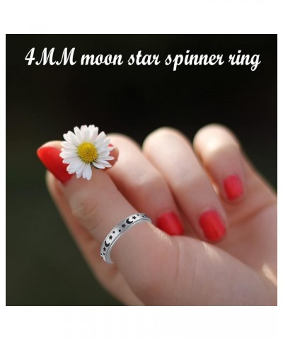 Spinner Ring for Women Anxiety Relief - 4mm width Carved moon star and Puppy Pet Lovers Paw Print Ring Stainless Steel Fidget...