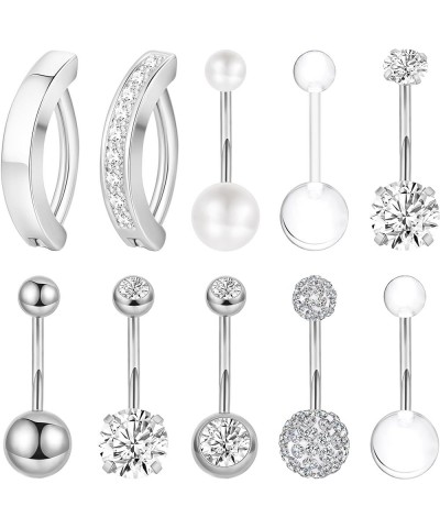 10Pcs 14G Stainless Steel Belly Button Rings for Women Girls Reverse Curved Clicker Navel Rings Cubic Zirconia Belly Piercing...