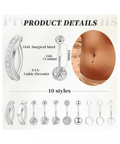 10Pcs 14G Stainless Steel Belly Button Rings for Women Girls Reverse Curved Clicker Navel Rings Cubic Zirconia Belly Piercing...