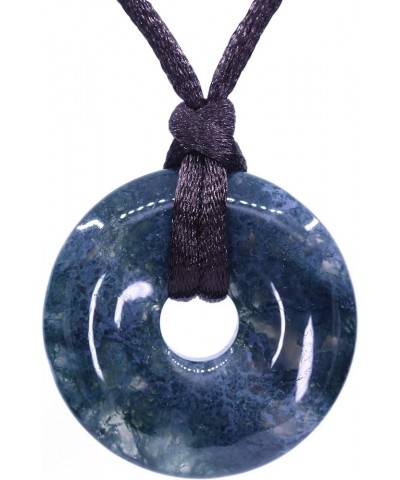 Semi Precious Gemstones 30mm Circle Coin Peace Donut Beads Adjustable Braided Rope Pendant Necklace Green Moss Agate $6.47 Ne...