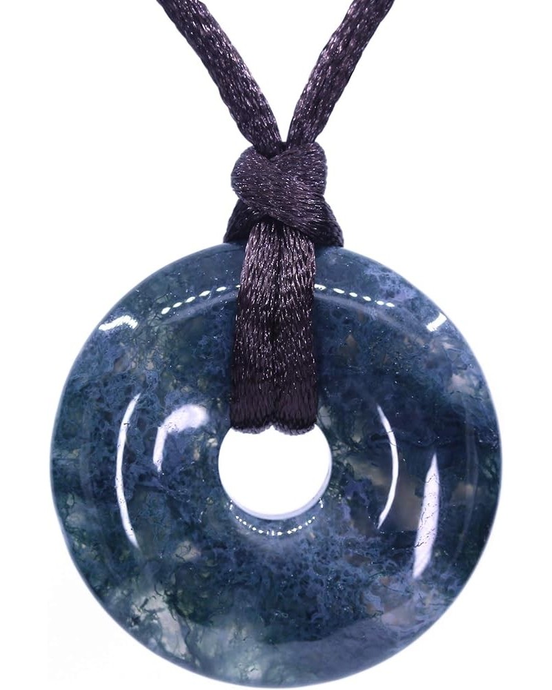 Semi Precious Gemstones 30mm Circle Coin Peace Donut Beads Adjustable Braided Rope Pendant Necklace Green Moss Agate $6.47 Ne...