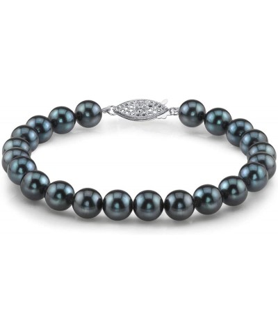 14K Gold 7-7.5mm Round Black Japanese Akoya Saltwater Cultured Pearl Bracelet for Women White Gold 8.5 Inches $89.76 Bracelets