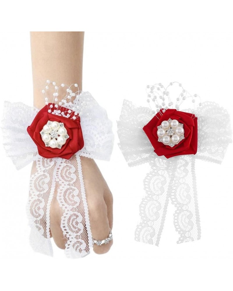 Bridal Wrist Flower Corsage for Wedding Red Satin Pearl Wrist Band Elastic Slik Lace Wristlet Bracelet Flower Decor Girls Bri...