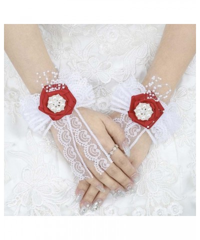 Bridal Wrist Flower Corsage for Wedding Red Satin Pearl Wrist Band Elastic Slik Lace Wristlet Bracelet Flower Decor Girls Bri...