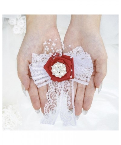 Bridal Wrist Flower Corsage for Wedding Red Satin Pearl Wrist Band Elastic Slik Lace Wristlet Bracelet Flower Decor Girls Bri...