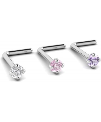 L-Shape Nose Stud Piercing | 20 Gauge 0.8mm Surgical Steel Bone Studs/Ring | 3mm gem Set of 3 Pink, Purple, Clear L-Shape $7....