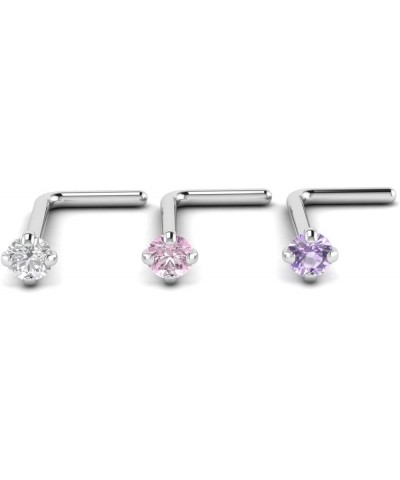 L-Shape Nose Stud Piercing | 20 Gauge 0.8mm Surgical Steel Bone Studs/Ring | 3mm gem Set of 3 Pink, Purple, Clear L-Shape $7....