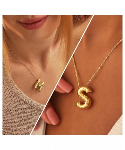 Gold Initial Bubble 3D Letter Necklace for Women Trendy with Beaded Satellite Chain, Dainty Cute Monogram Puffy Balloon Lette...