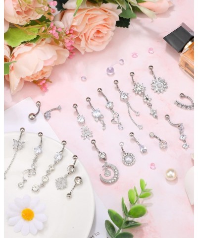 20 PCS 14G 316L Stainless Steel Dangle Belly Button Rings Silver Rhinestone Belly Button Jewelry Navel Piercing Belly Jewelry...